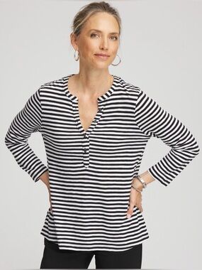 Chico's Striped Slub Split Neck Henley Tee NEW!